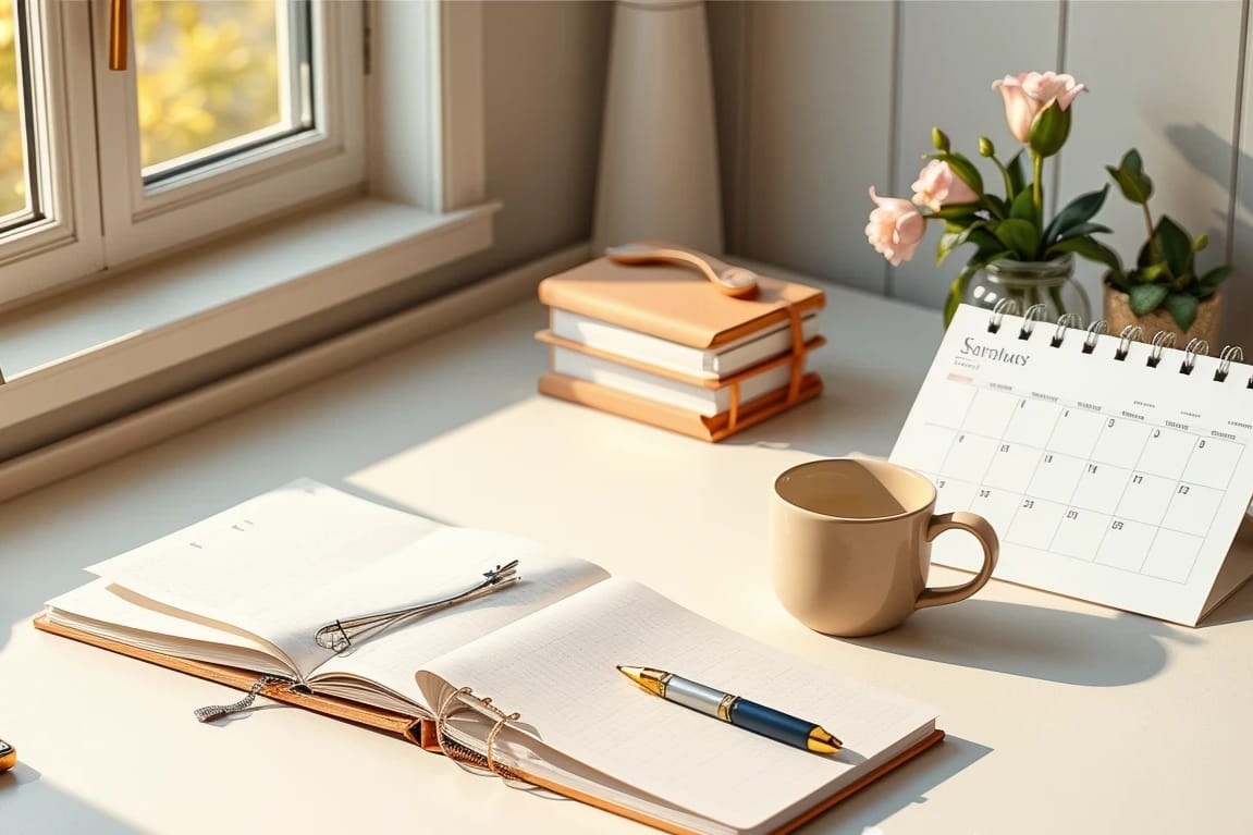 Escritorio organizado con cuaderno y seguimiento de tareas que simboliza el acompañamiento estratégico digital continuo para marcas y negocios.