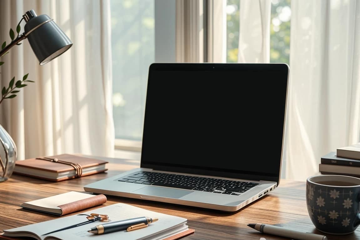 Laptop preparada para una videollamada individual sobre un escritorio minimalista, que acompaña el artículo "SEO en Instagram y Facebook: cómo usar palabras clave correctamente" de GG Conecta -Marketing digital con intención.