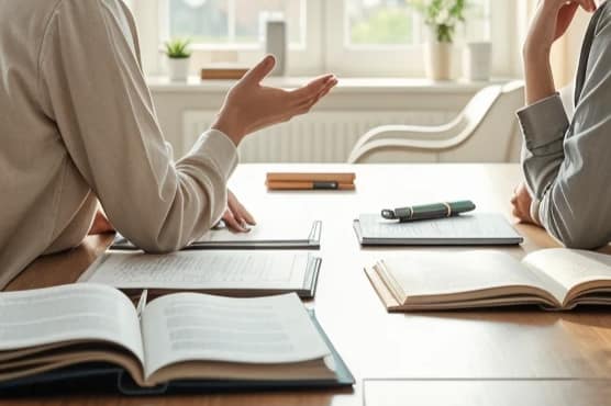 Reunión de trabajo entre dos personas, simbolizando el acompañamiento estratégico en la toma de decisiones de negocio, acompañando el artículo titulado "Cuándo un acompañamiento estratégico puede marcar la diferencia en tu negocio" de GG Conecta.