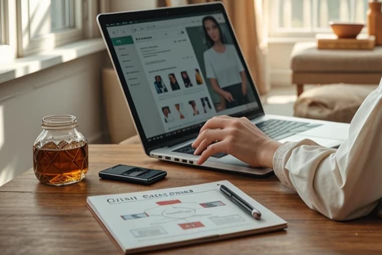 Persona analizando una tienda online desde una notebook, representando un ecommerce  estratégico, que acompaña el artículo titulado "Tu tienda online: presencia digital vs sistema estratégico" de GG Conecta.
