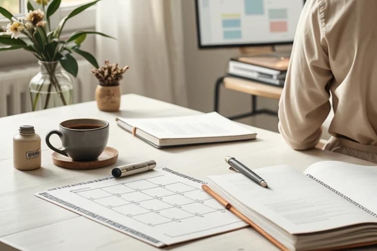 Planificación de contenidos digitales en un escritorio ordenado, mostrando una estrategia de contenidos clara y organizada, acompañando el artículo de GG Conecta titulado "Por qué tu contenido no necesita más ideas, sino una estrategia clara".
