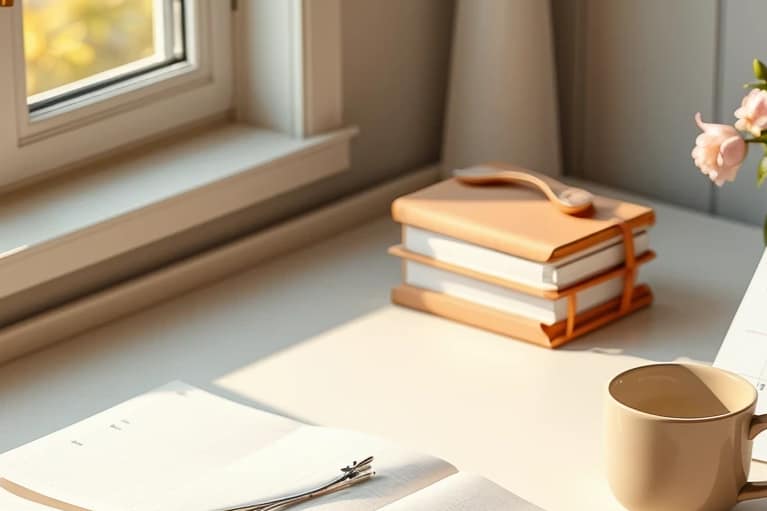 Espacio de trabajo con calendario de contenidos, notas y laptop que refleja la planificación y coherencia en la comunicación de una marca.